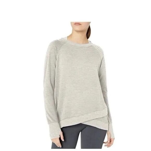 Danskin Womens Criss Cross Pull On Tunic Shirt Sweater Cream Heather/ Gray Strip - Picture 1 of 7